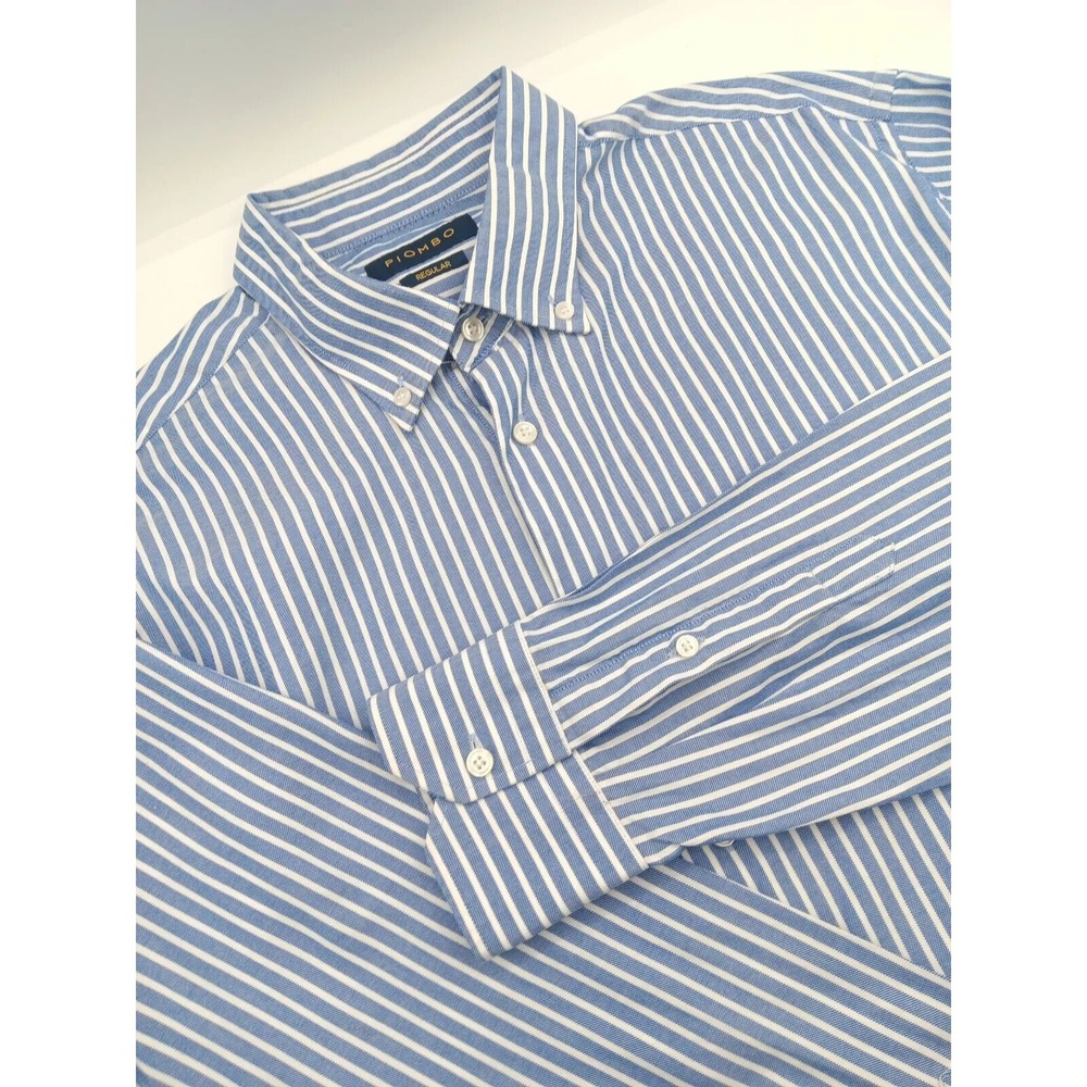 Piombo Mens 17x35 Blue Stripe Regular Fit Oxford Button Down Dress Shirt